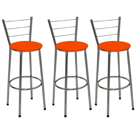 Kit 3 Banquetas Altas Cromada com Encosto Assento Laranja