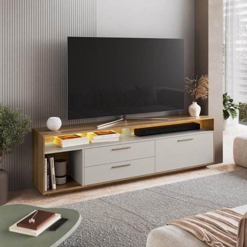 Rack para TV até 75 Polegadas com LED 1 Porta e 2 Gavetas Multimóveis Crart-RCK002 Mel/Arenas