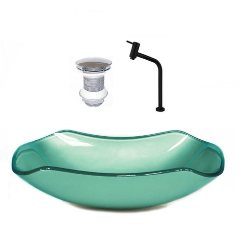 CUBA DE VIDRO ABAULADA 45CM VERDE + VALVULA + TORNEIRA PRETA