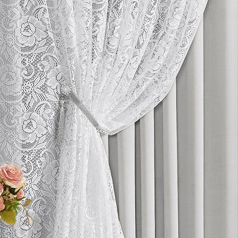 Cortina Monalisa 2,00m X 1,70m Tecido Blackout com Renda Floral Luxo Varão Simples - Gelo