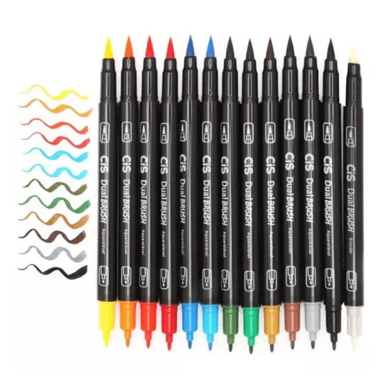Kit Caneta Marcadora Aquarelável Dual Brush 12 Cores com Blender - Cis