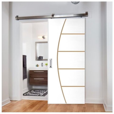 Porta de Correr Frisada Cm-01 Fundo Primer Branco Kit Alumínio Polido 210x92