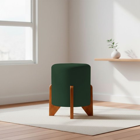 Puff Decorativo Eloah Redondo Assento Extra para Sala Quarto Suede Pufe com Pés de Madeira