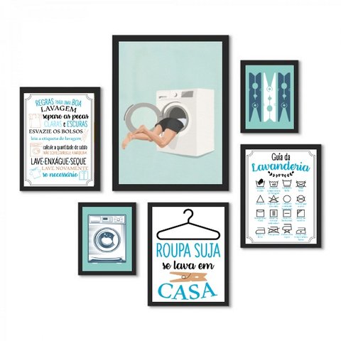 Kit 6 Quadros Lavanderia Divertida:moldura Branca