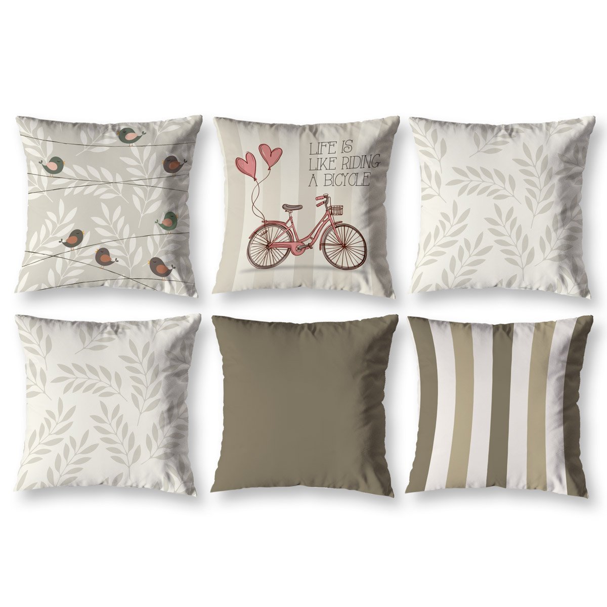 Kit 6 Almofadas Cheias 40cm X 40cm Decorativas Estampadas Sala Sofá Quarto Vintage Bike Caqui