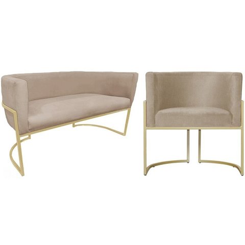 Kit Namoradeira + 1 Poltrona Decorativa Luana Suede Capuccino Base Dourada Ms Decor