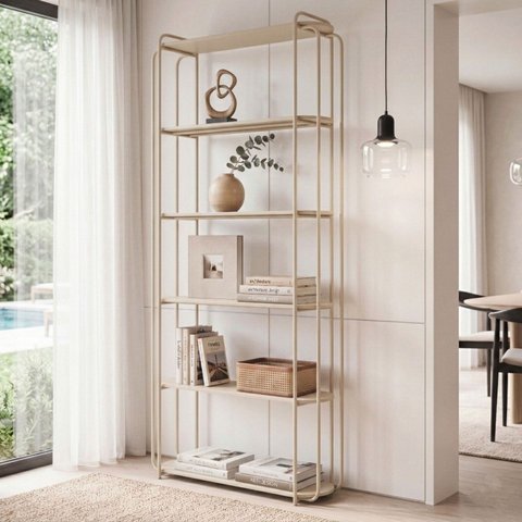 Estante Alta Areia Metal Minimalista com Prateleiras para Decoração e Organização Orla Bege