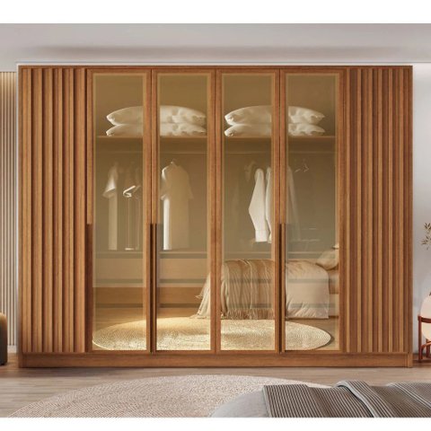 Guarda Roupa Casal Ripado com Vidro Reflecta LED 6 Portas em MDF Milão Bianchi
