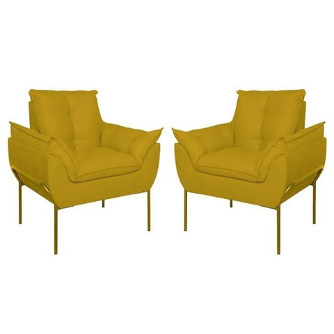 Kit 02 Poltronas Base Metal Dourada Sala Quarto Balaqui Decor Amarelo