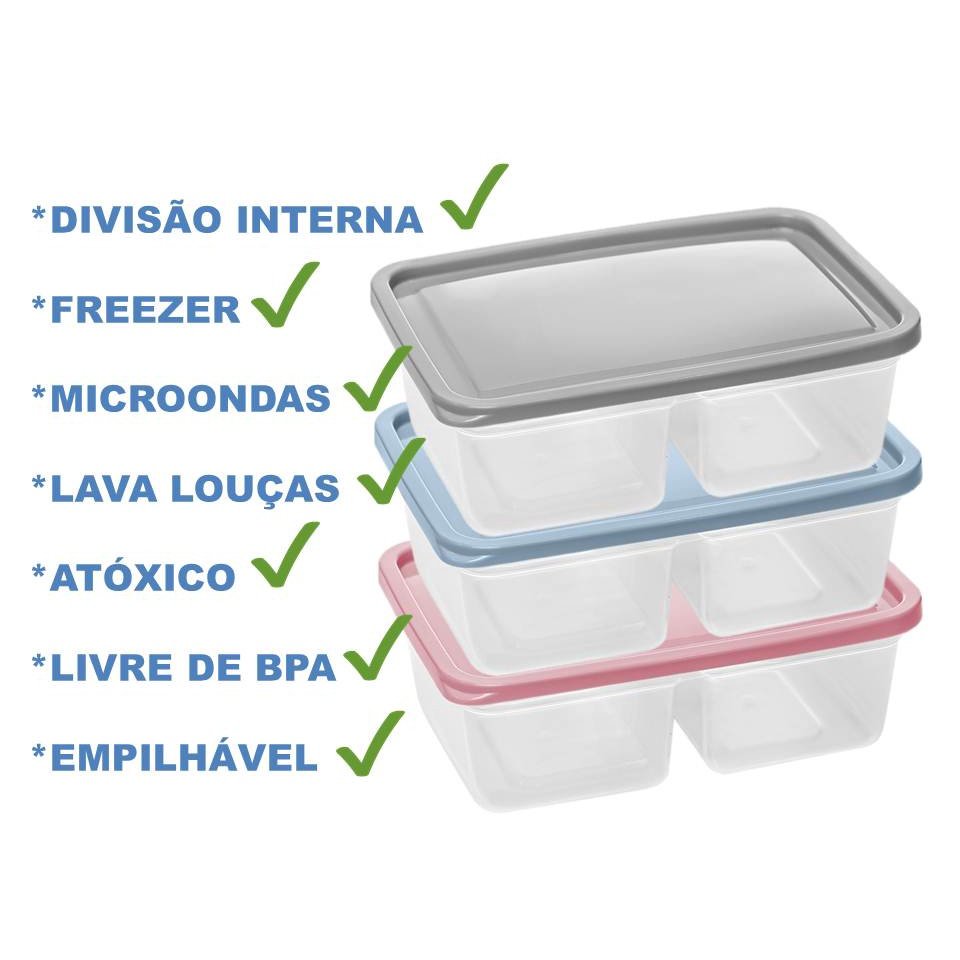 Pote Organizador Retangular Slim com Tampa e 2 Divisórias 1,1l - Pode Ir no Freezer e Microondas- Pa - 3