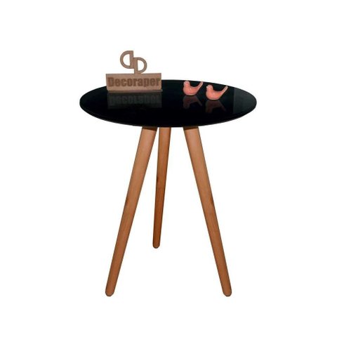 Mesa de Canto Pés Palito Amadeirado com Tampo Vidro 70cm Preto 70cm