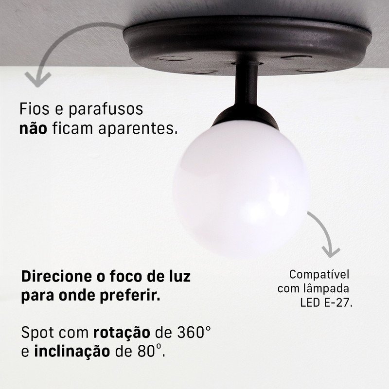 Kit 3 Luminárias Spot de Sobrepor 1 Lâmpada Direcionável E27 Articulado Cor:preto - 2