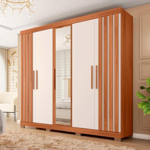 Guarda Roupa Casal 216cm 5 Portas Espelho Sulla Freijó/off C01 - Mpozenato