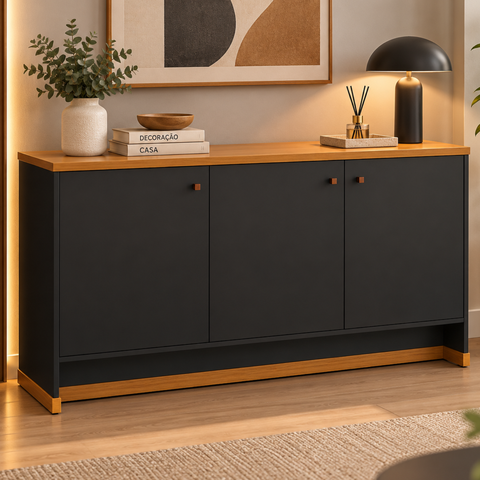 Aparador para Sala Buffet Moderno 3 Portas com Prateleiras 135 cm Berlin - Preto/Naturale