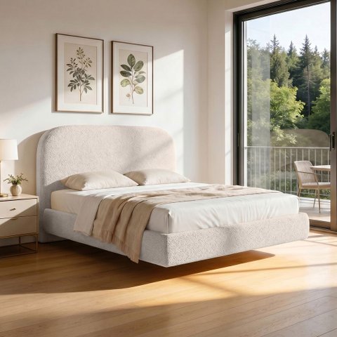 Cama Queen Flutuante com Cabeceira 160cm Aura W01 Bouclê Creme - Lyam Decor