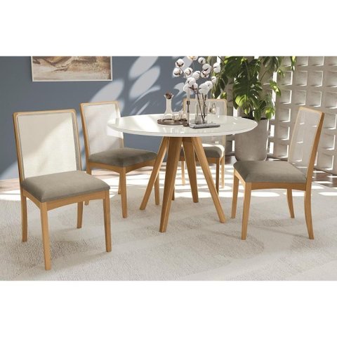 Conjunto Sala de Jantar Duna Premium Madeira Maciça C/ Tampo Madeirado C/ Vidro 120x120cm e 4