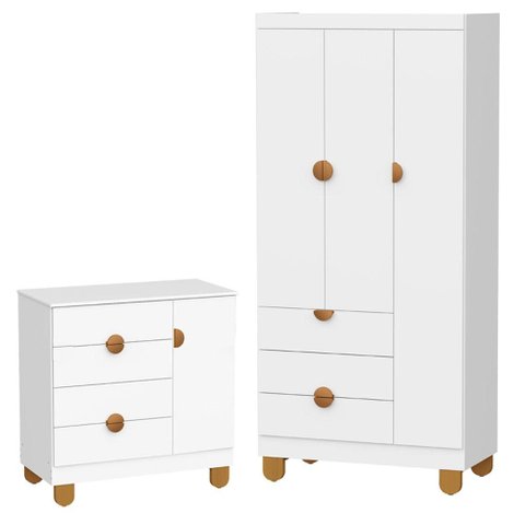 Cômoda Sapateira e Guarda Roupa 3 Portas Apolo Branco Fosco - Reller