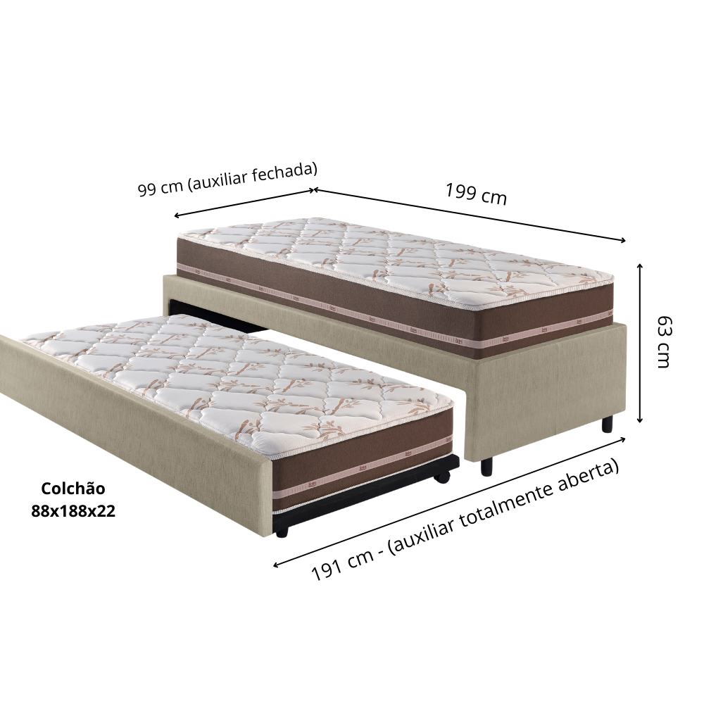 Bicama Box Solteiro Courino Linho Bege 88x188 com Dois Colchões Classic Molas Ensacadas Anjos - 2