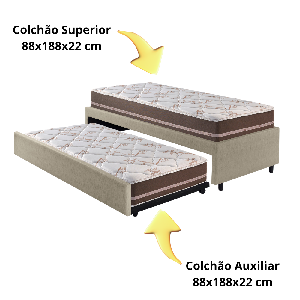 Bicama Box Solteiro Courino Linho Bege 88x188 com Dois Colchões Classic Molas Ensacadas Anjos - 3