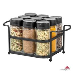 Porta Temperos Condimentos 9 Potes Vidro Suporte Aço Preto - 1