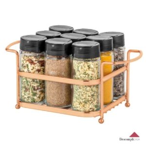 Porta Temperos Condimentos 9 Potes Vidro Suporte Rosê Gold