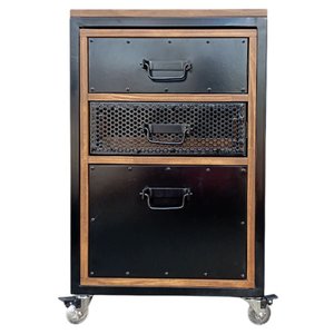 Gaveteiro para Escritório de Madeira e Ferro com 3 Gavetas - Decoração Industrial - Preto e Imbuia