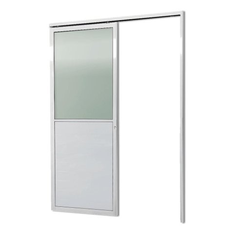 Porta de Correr Alumínio Branco Parede 1 Folha Lambril c/Visor Maxx - 215x85