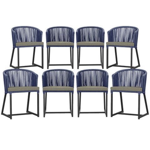 8 Cadeiras de Jantar Área Noronha em Alumínio com Pintura Preta Corda Náutica Estofado 8 Trama Origi