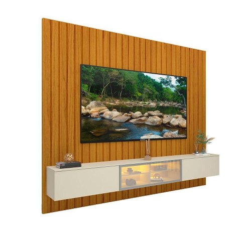 Painel Rack Home Majestade Luminare 230cm Ripado com LED Off White Gelius