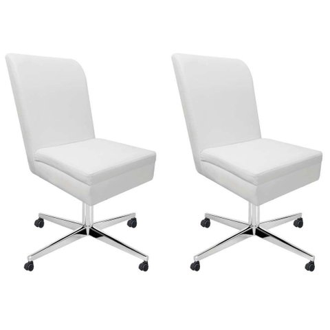 Kit 02 Cadeira Ana Giratória Metal Com Rodízio Suede Branco E Corino Amarelo