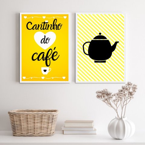 Kit 2 Quadros Cantinho do Café Amarelinho 24x18cm - com Vidro:madeira Branca