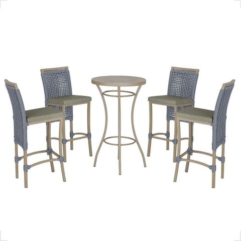 Mesa Bistrô e 4 Banquetas Roma Fendi Corda Estofado 8 Trama Prata