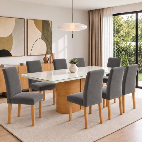 Conjunto Sala de Jantar 8 Lugares Retangular Tampo Vidro/MDF 200x90cm Mesa Diana e Cadeiras Espanha