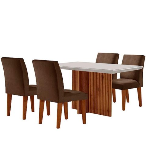 Sala de Jantar Mesa Olimpia Vidro Canto Reto com 4 Cadeiras Marrom/off White/imbuia Ripado