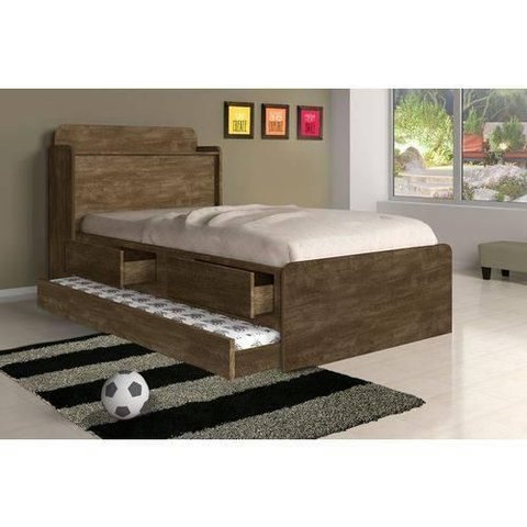 Cama Solteiro Tamires Baú Castanho com Auxiliar