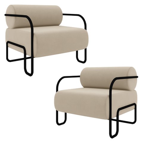 Poltrona Decorativa para Sala Industrial Kit 2 Kira K04 Veludo Bege - Mpozenato
