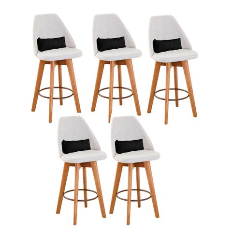 Kit 05 Banquetas Alta Maya Giratória Com Encosto Linho Bege Claro e Almofada Sintético Preto -