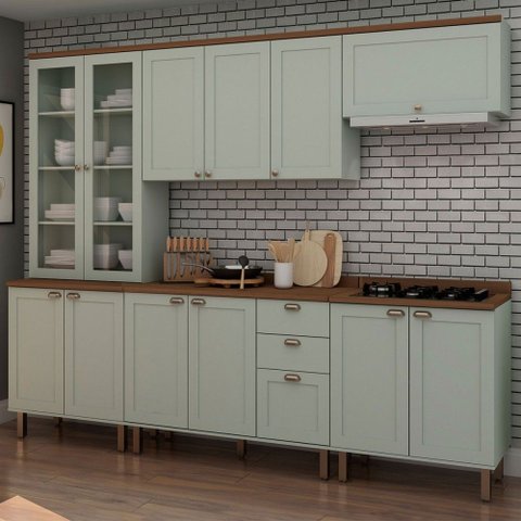 Cozinha Completa Iluminata 12 Portas 3 Gavetas com Vidro 100% MDF Mint/Ébano - Genialflex
