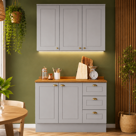 Cozinha Compacta 2 Peças Casa 812 Amy com Balcão 3 Gavetas Armário Aéreo e Tampo MDF