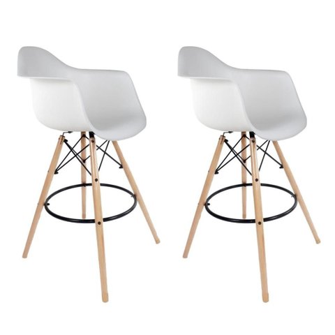 Conjunto com 2 Banquetas Eames com Braços Branca - Base de Madeira