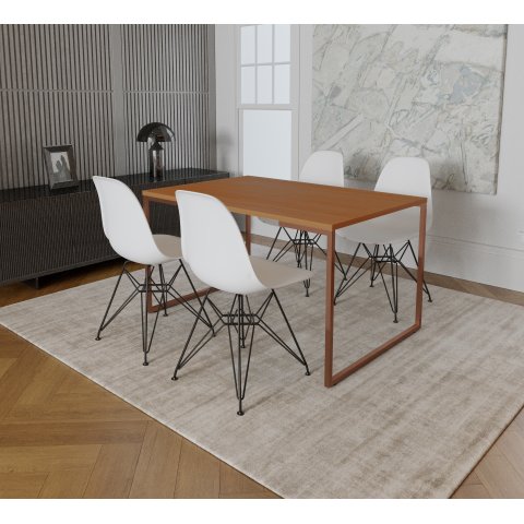 Mesa Industrial Base Ferro Cobre Tampo 137x90 Canela 4 Cadeiras Eames Ferro Preto Assento Branco