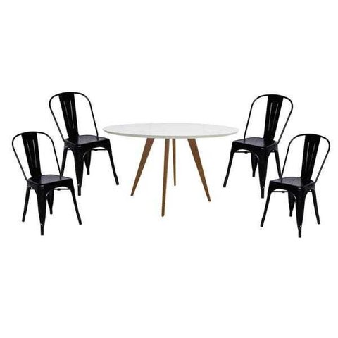 Conjunto Mesa Square Redonda Tampo Branco Fosco Diâmetro 88cm com 4 Cadeiras Tolix Preta Nova Vers