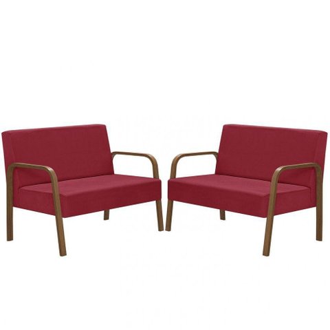 Kit 2 Poltrona 2 Lugares Jade Braço Madeira Vermelho