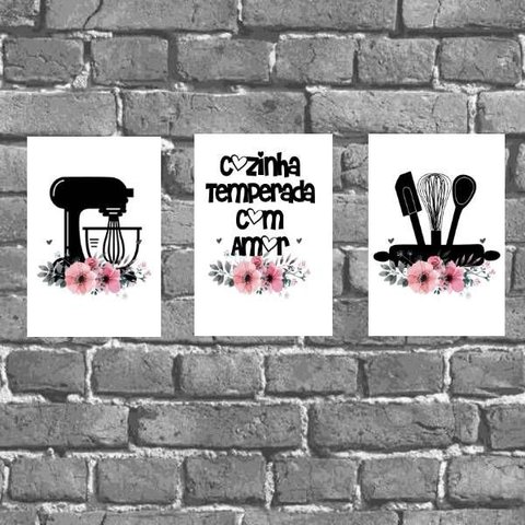 Kit 3 Placas Cozinha Temperada com Amor 18x27cm