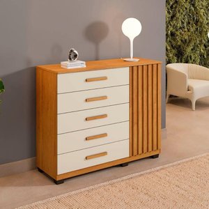 Cômoda Paris Quarto com 6 Gavetas e 1 Porta Ripada Cinamomo/off White