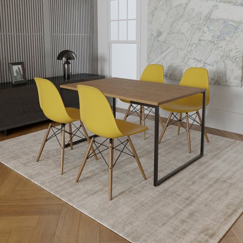 Mesa Industrial Base de Ferro Preto Tampo 137x90 Amêndoa 4 Cadeiras Eames Madeira Assento Amarelo