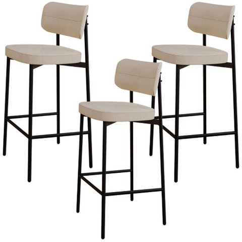 Kit 03 Banquetas Alta Bar Cozinha Sala de Jantar Aço Preto Kaira C01 Linho Areia - Lyam Decor