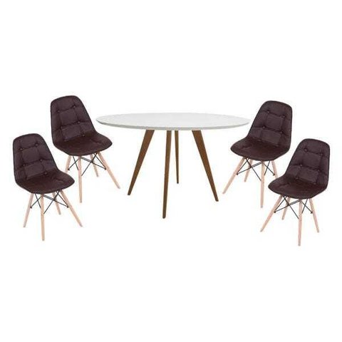 Conjunto Mesa Square Redonda Tampo Branco Fosco 88 com 4 Cadeiras Eiffel Botonê Marrom