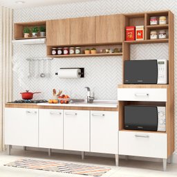 Cozinha Inova 240x192 Cm Balcão Pia Cooktop Armário Nicho Forno MDP Carvalho Branco - ClickLar - 1