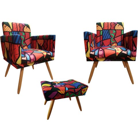 Kit 2 Poltronas Decorativa Bia + Puff Retangular Suede Romero Brito Pés Madeira Ms Decor